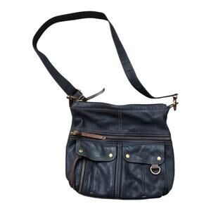 Fossil Black Leather Crossbody Bag –Multi Pocket Messenger Purse, Brass Hardware